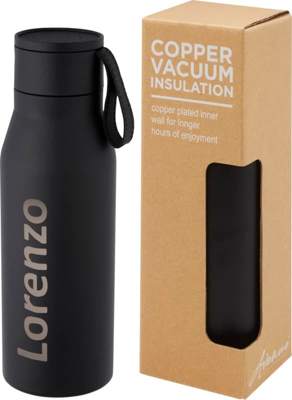 Ljungan 500 ml copper vacuum insulated stainless steel bottle with PU leather strap and lid 18