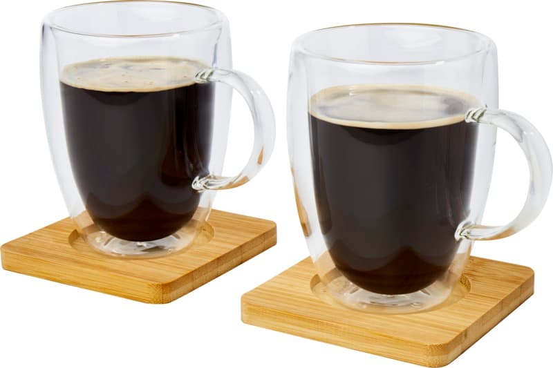 Manti 2-piece 350 ml double-wall glass cup with bamboo coaster  3