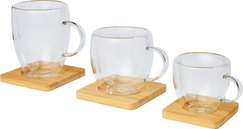 Manti 2-piece 350 ml double-wall glass cup with bamboo coaster  6