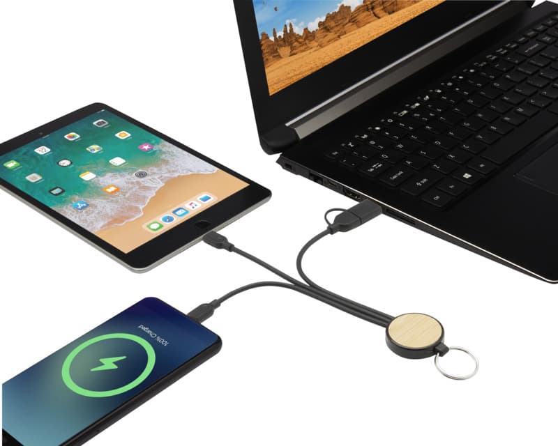 Tecta 6-in-1 recycled plastic/bamboo charging cable with keyring 5
