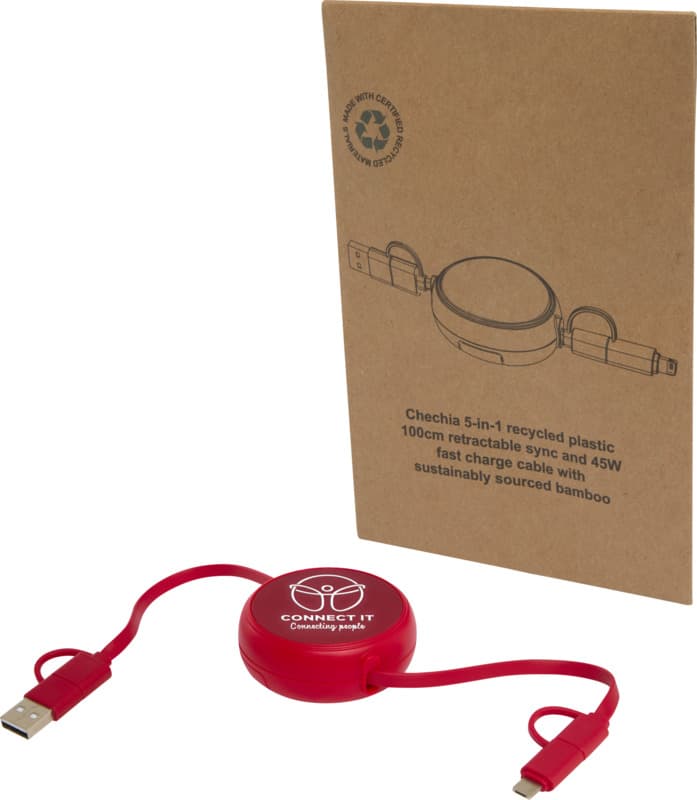 Alasia 5-in-1 100 cm recycled plastic and aluminium retractable data sync and 45W fast charge cable 8