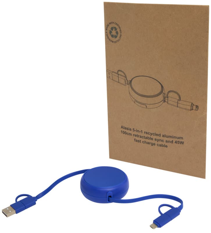 Alasia 5-in-1 100 cm recycled plastic and aluminium retractable data sync and 45W fast charge cable 9