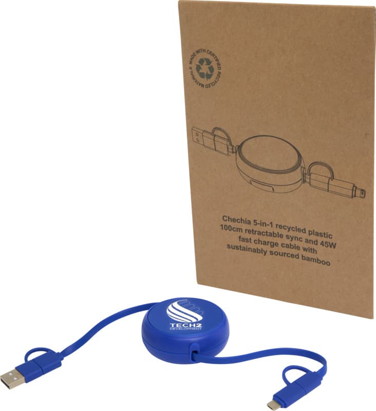 Alasia 5-in-1 100 cm recycled plastic and aluminium retractable data sync and 45W fast charge cable 16