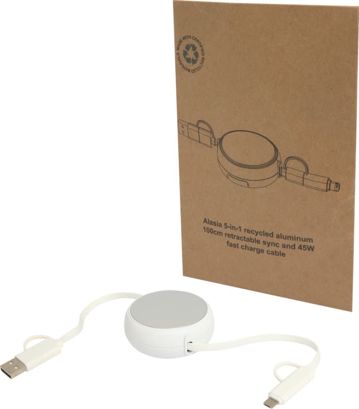 Alasia 5-in-1 100 cm recycled plastic and aluminium retractable data sync and 45W fast charge cable 17