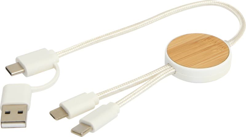 Chechia 5-in-1 recycled plastic 30 cm data sync and 27W fast charge cable with bamboo details 5