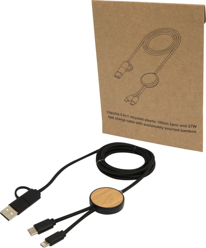 Chechia 5-in-1 recycled plastic 150 cm data sync and 27W fast charge cable with bamboo details 9