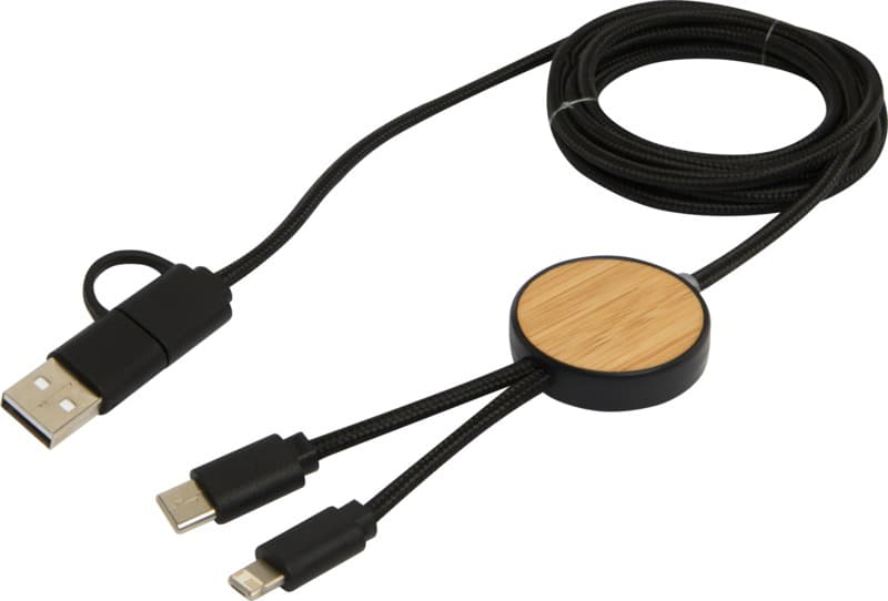 Chechia 5-in-1 recycled plastic 150 cm data sync and 27W fast charge cable with bamboo details 12