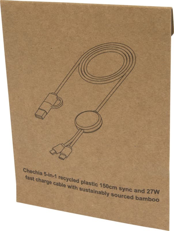 Chechia 5-in-1 recycled plastic 150 cm data sync and 27W fast charge cable with bamboo details 15