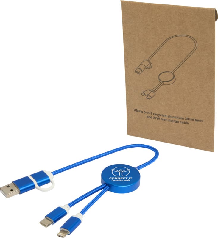 Alasia 5-in-1 recycled aluminium and plastic 30 cm data sync and 27W fast charge cable 16