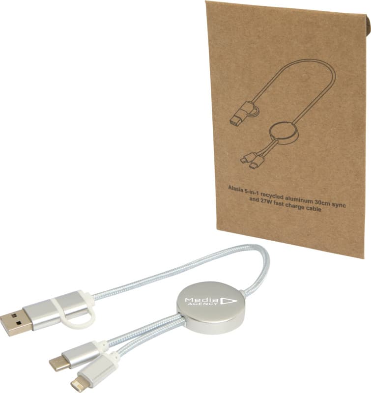 Alasia 5-in-1 recycled aluminium and plastic 30 cm data sync and 27W fast charge cable 24