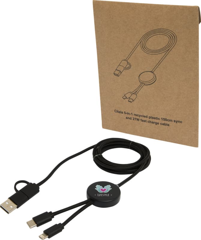 Citala 5-in-1 recycled plastic 150 cm data sync and 27W fast charge cable 16