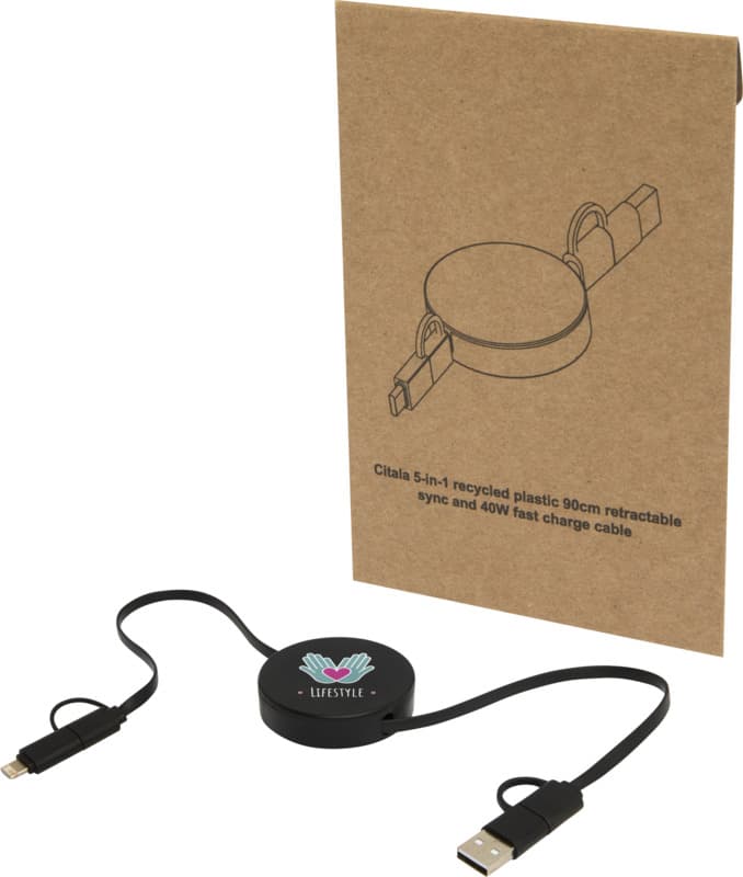 Citala 5-in-1 recycled plastic 90 cm retractable data sync and 40W fast charge cable 16