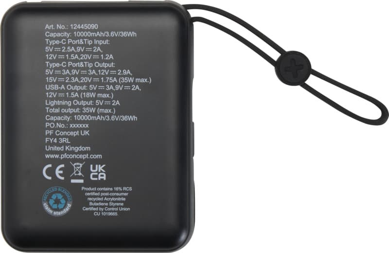 Acrux 10.000 mAh 35W tablet power bank with built in Type-C cable - made from recycled plastic 11