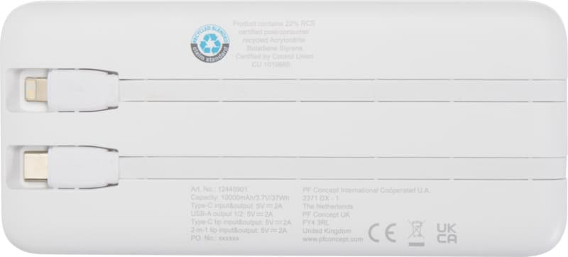 Adhil 10.000 mAh 10W recycled plastic power bank with 2 built-in cables 3