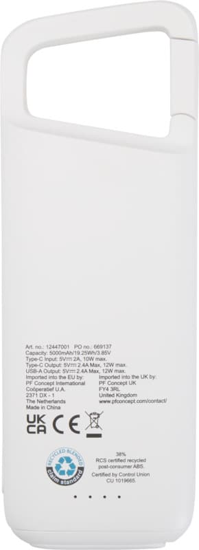 Alkes 5000 mAh 12W recycled plastic water resistant power bank with carabiner 3