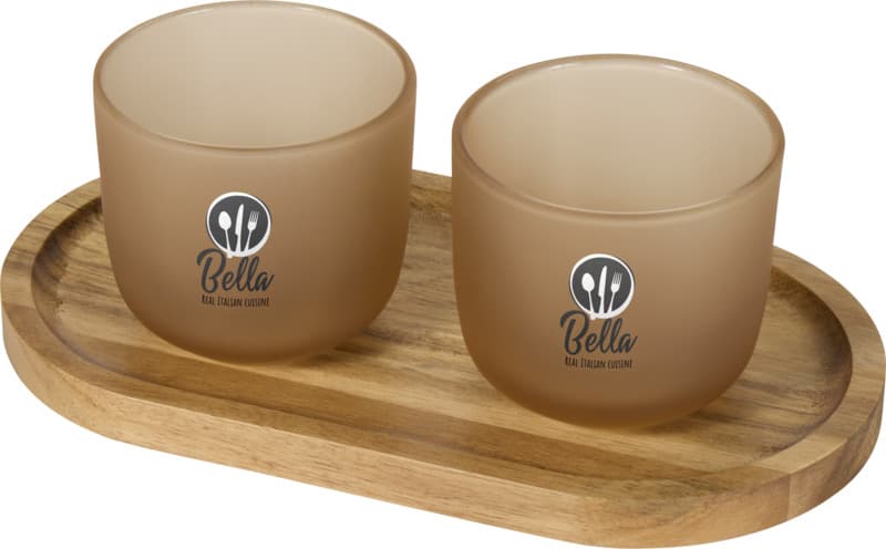 Male wooden serving tray and glass cups with matt finish set 5