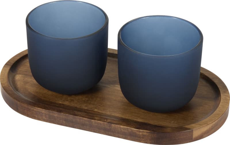 Male wooden serving tray and glass cups with matt finish set 6