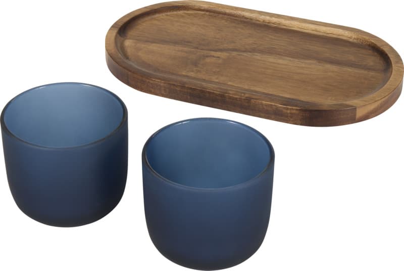 Male wooden serving tray and glass cups with matt finish set 8