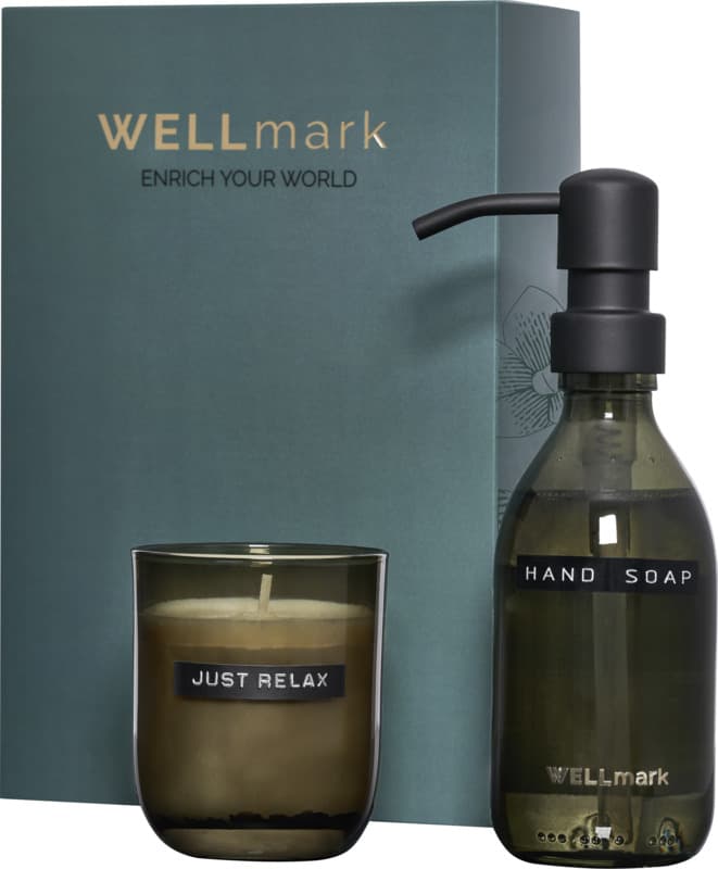 Wellmark Discovery 250 ml hand soap dispenser and 150 g scented candle set 12
