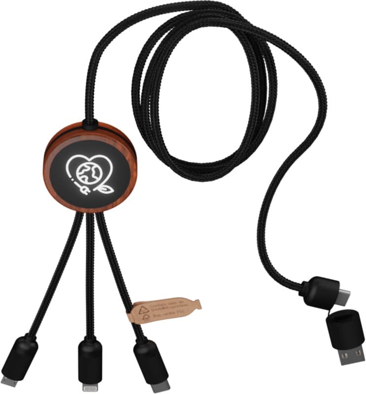 SCX.design C37 40W 5-in-1 rPET light-up logo charging cable with round wooden casing 4
