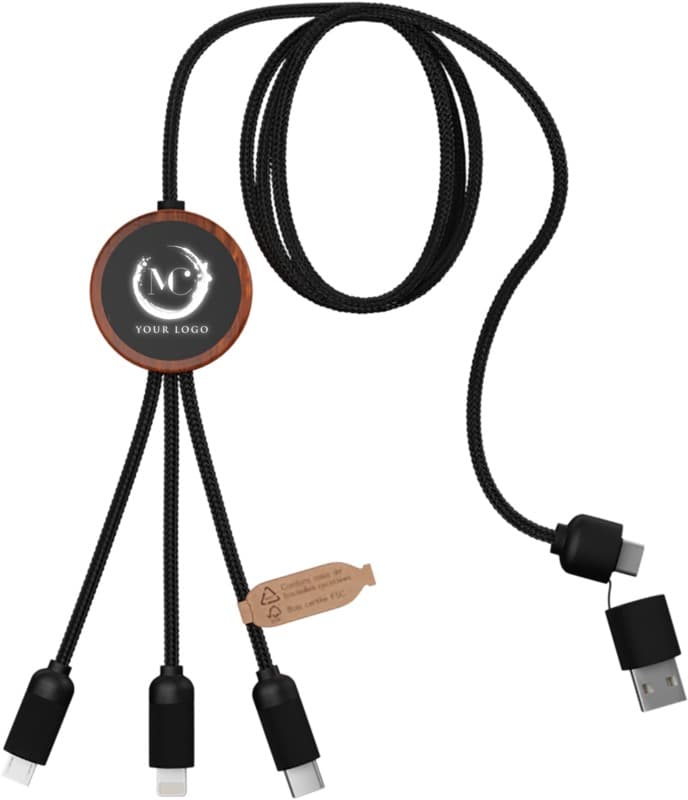 SCX.design C37 40W 5-in-1 rPET light-up logo charging cable with round wooden casing 9