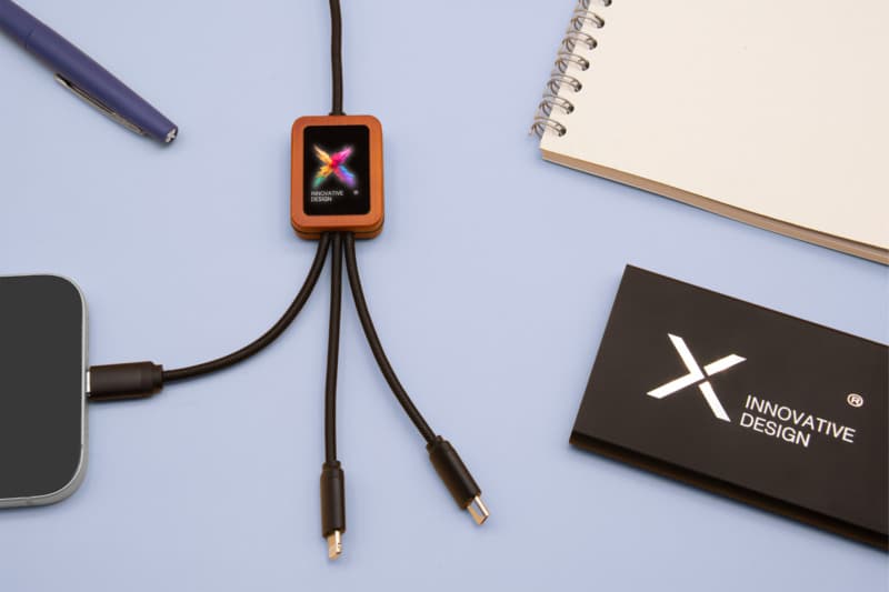 SCX.design C38 40W 5-in-1 rPET light-up logo charging cable with squared wooden casing 14