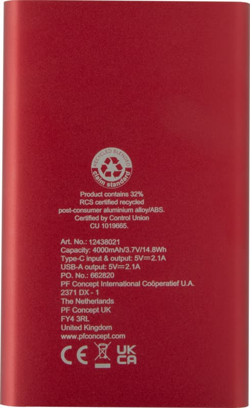 Pep 4000 mAh Type-C recycled aluminium power bank  3