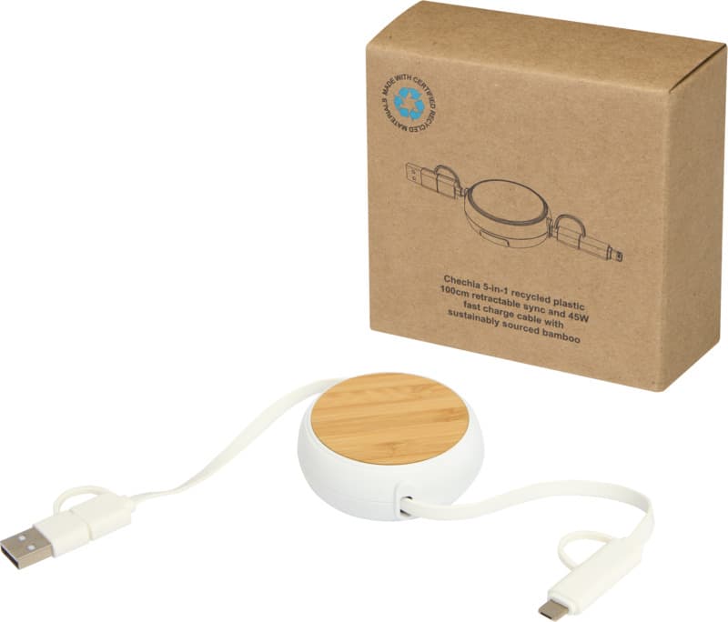 Chechia 5-in-1 recycled plastic 100 cm retractable data sync and 45W fast charge cable