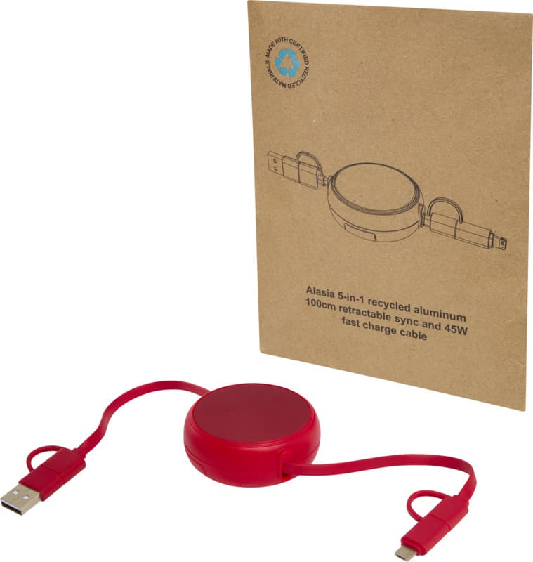 Alasia 5-in-1 100 cm recycled plastic and aluminium retractable data sync and 45W fast charge cable