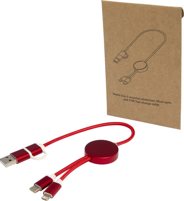 Alasia 5-in-1 recycled aluminium and plastic 30 cm data sync and 27W fast charge cable