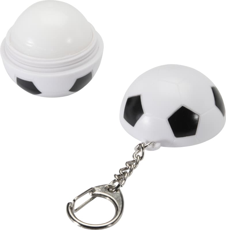 Rami football-shaped vanilla lip balm with SPF 15 and keychain