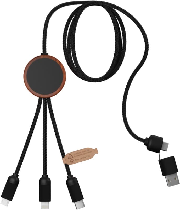 SCX.design C37 40W 5-in-1 rPET light-up logo charging cable with round wooden casing 3