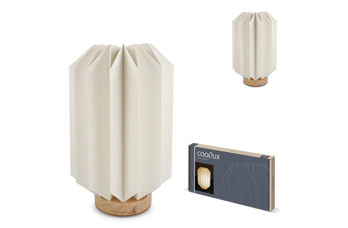 Coollux foldable paper LED lamp Eos on wooden base, 25 cm (letterbox size)
