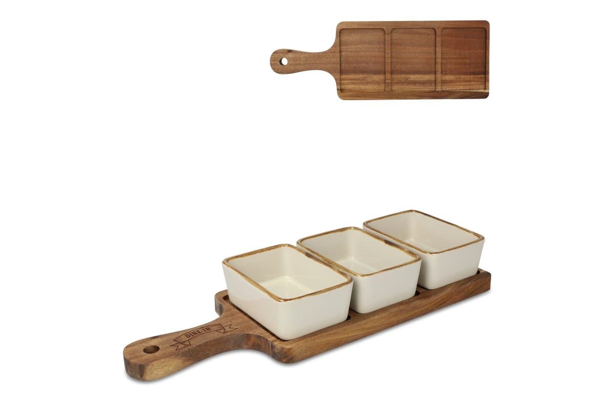 InSideOut Wooden serving board with 3 ceramic bowls 1