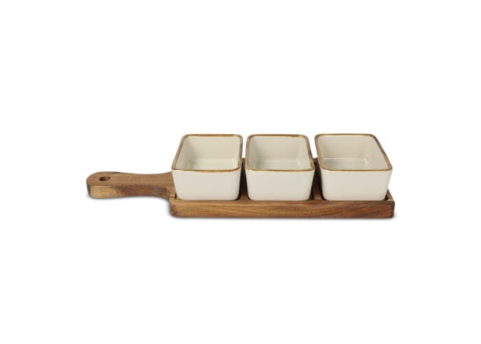 InSideOut Wooden serving board with 3 ceramic bowls 2