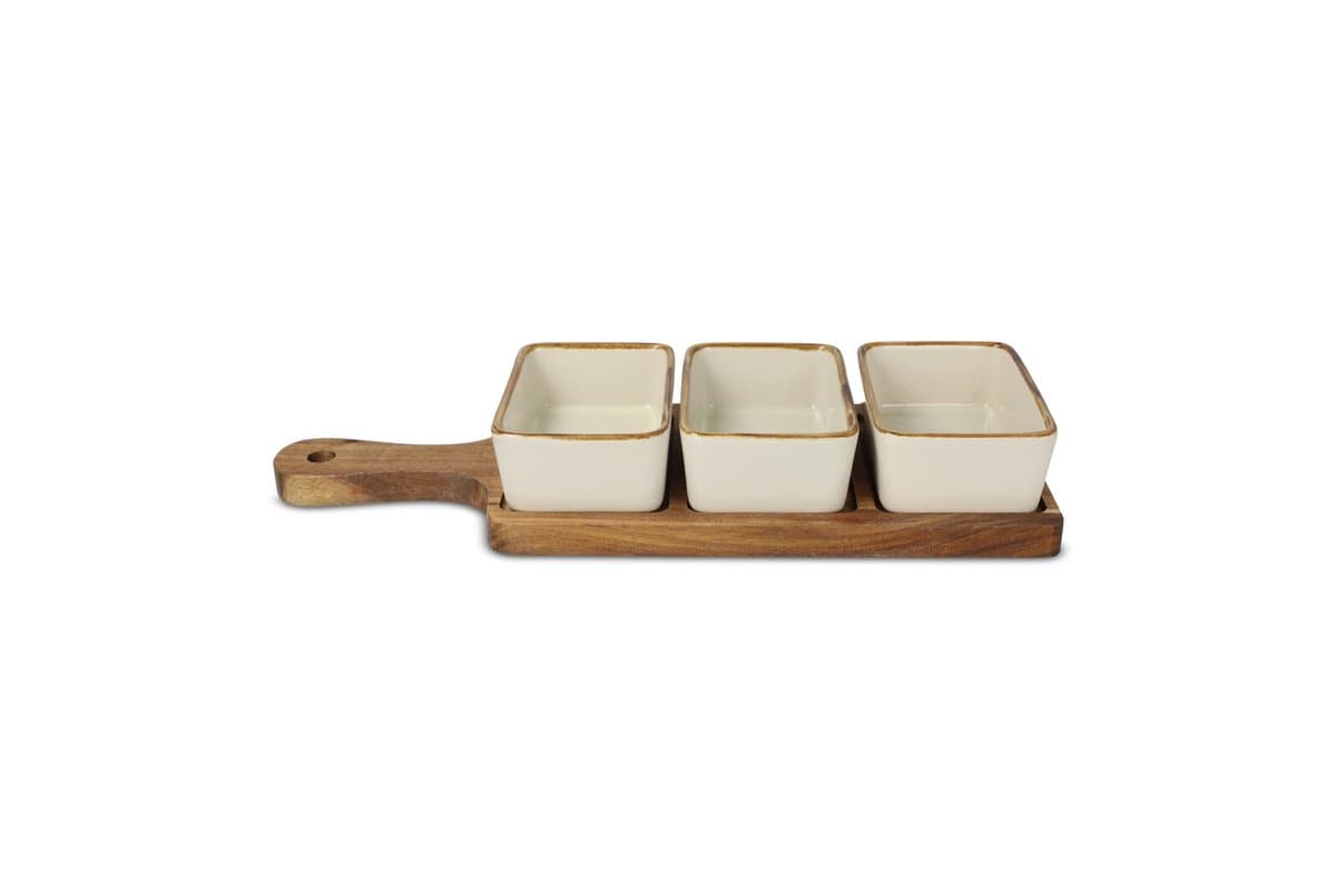 InSideOut Wooden serving board with 3 ceramic bowls 3