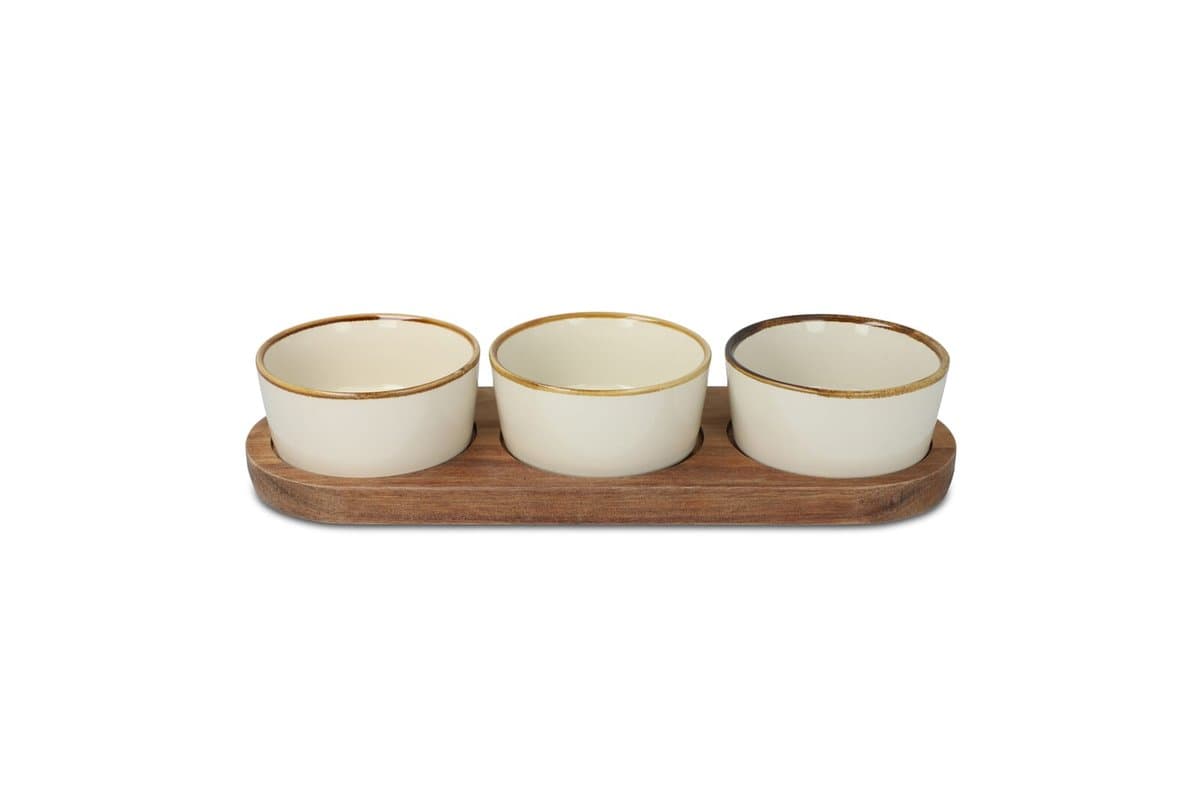 InSideOut Wooden stand with 3 ceramic round bowls 3