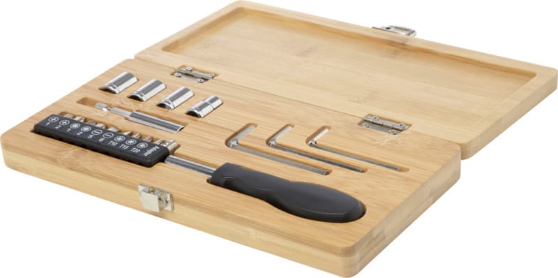 Rivet 19-piece bamboo/recycled plastic tool set