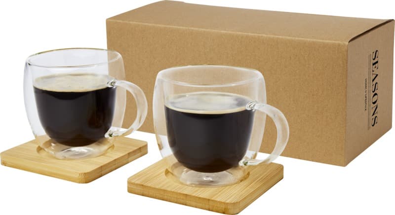 Manti 2-piece 250 ml double-wall glass cup with bamboo coaster 