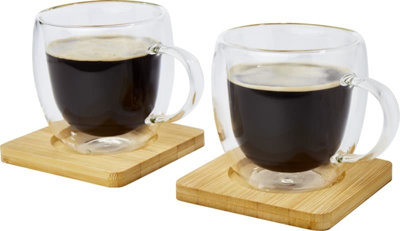 Manti 2-piece 250 ml double-wall glass cup with bamboo coaster  3