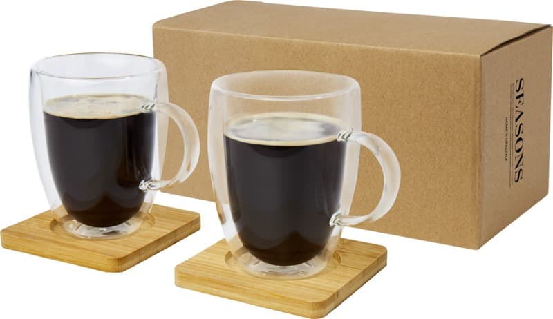 Manti 2-piece 350 ml double-wall glass cup with bamboo coaster 