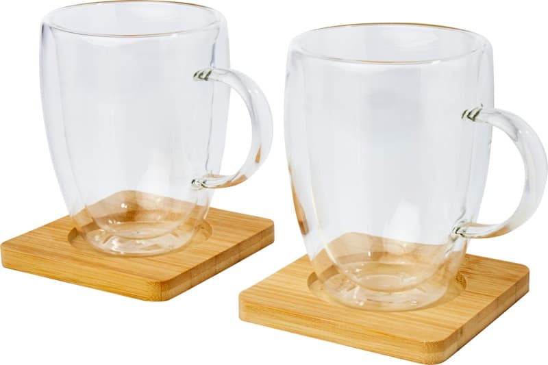 Manti 2-piece 350 ml double-wall glass cup with bamboo coaster  5
