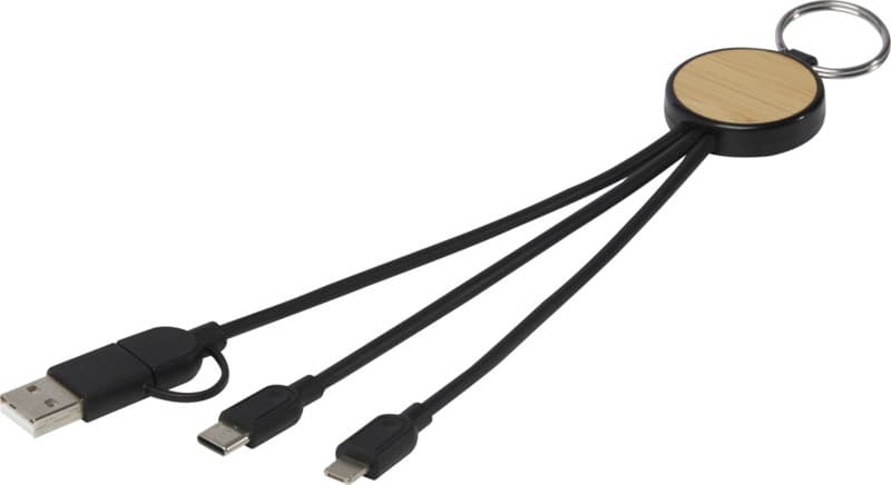 Tecta 6-in-1 recycled plastic/bamboo charging cable with keyring