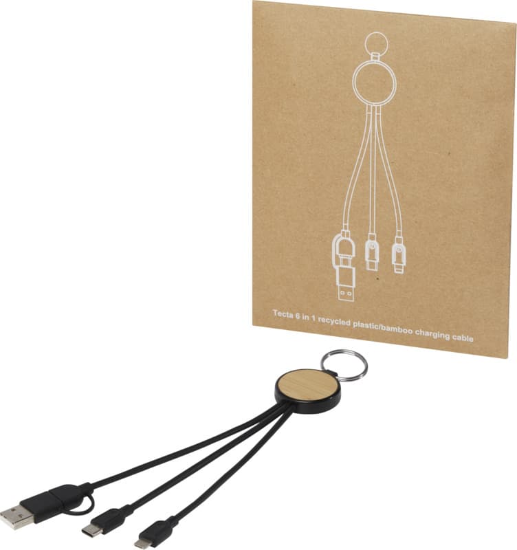 Tecta 6-in-1 recycled plastic/bamboo charging cable with keyring 4