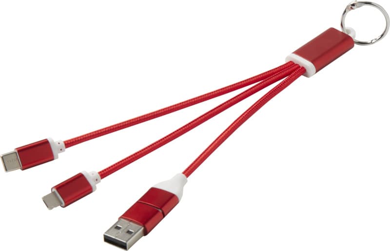 Metal 4-in-1 recycled aluminium charging cable with keychain