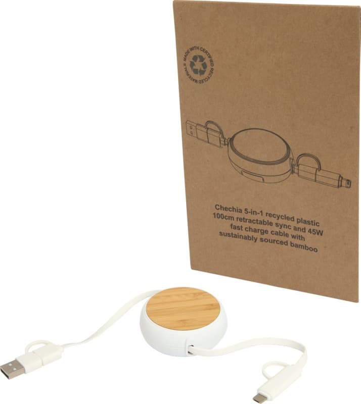 Chechia 5-in-1 recycled plastic 100 cm retractable data sync and 45W fast charge cable