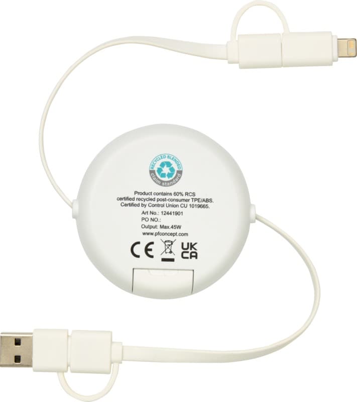 Chechia 5-in-1 recycled plastic 100 cm retractable data sync and 45W fast charge cable 3