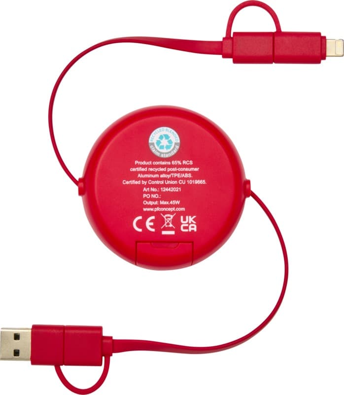 Alasia 5-in-1 100 cm recycled plastic and aluminium retractable data sync and 45W fast charge cable 3