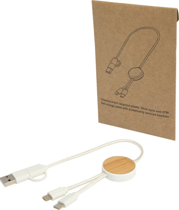 Chechia 5-in-1 recycled plastic 30 cm data sync and 27W fast charge cable with bamboo details