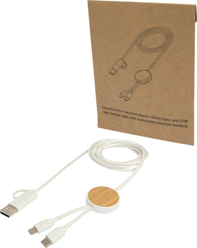 Chechia 5-in-1 recycled plastic 150 cm data sync and 27W fast charge cable with bamboo details